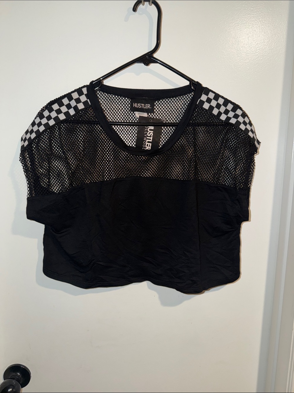 Hustler Black Mesh Crop Top with Black-and-White Checker Shoulders
